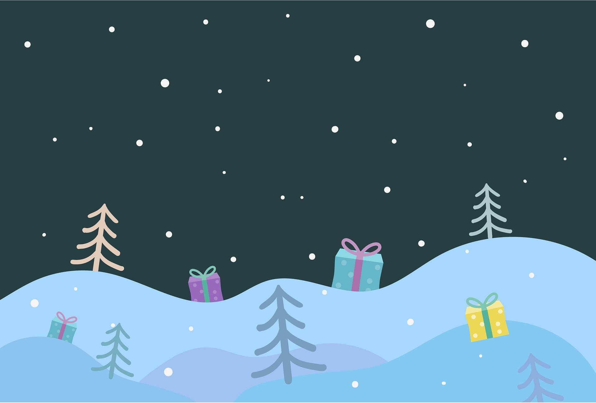 Tannenbäume und Geschenke auf Schneehügeln