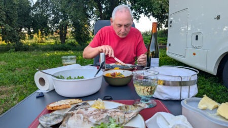 Leckeres Abendessen - stilvoll mit frischem Fisch und gutem Wein